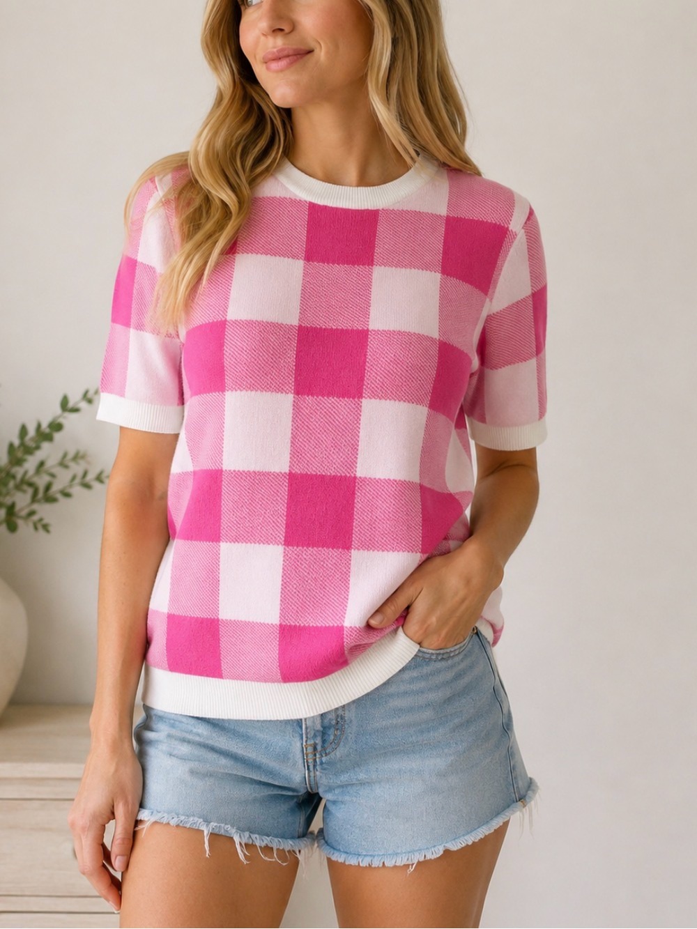 Skies Are Blue Pink Buffalo Check Short Sleeve Knit Top with White Trim
